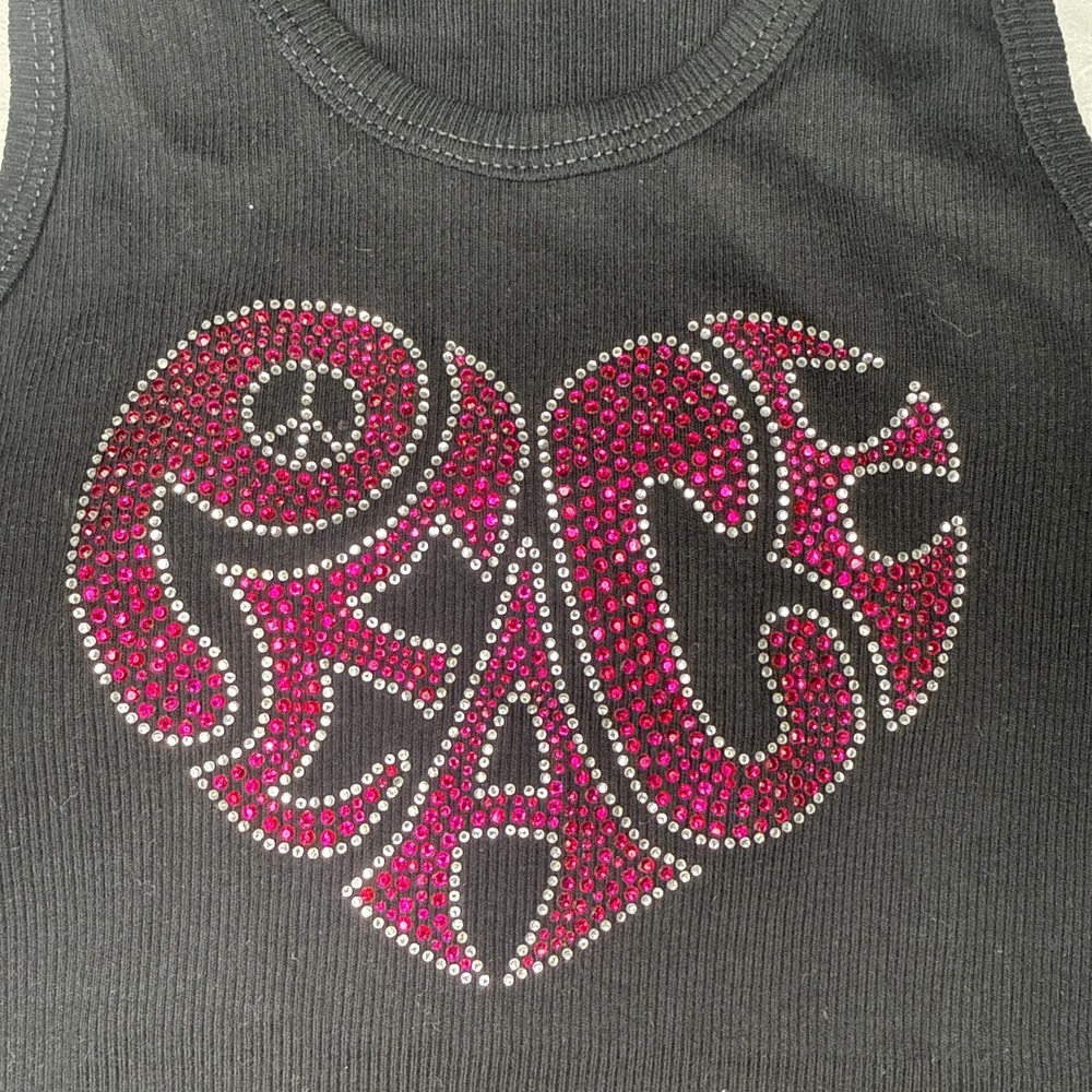 Black Ribbed Tank Top Pink Rhinestone Heart Monogram - Size M | - Picture 2 of 6